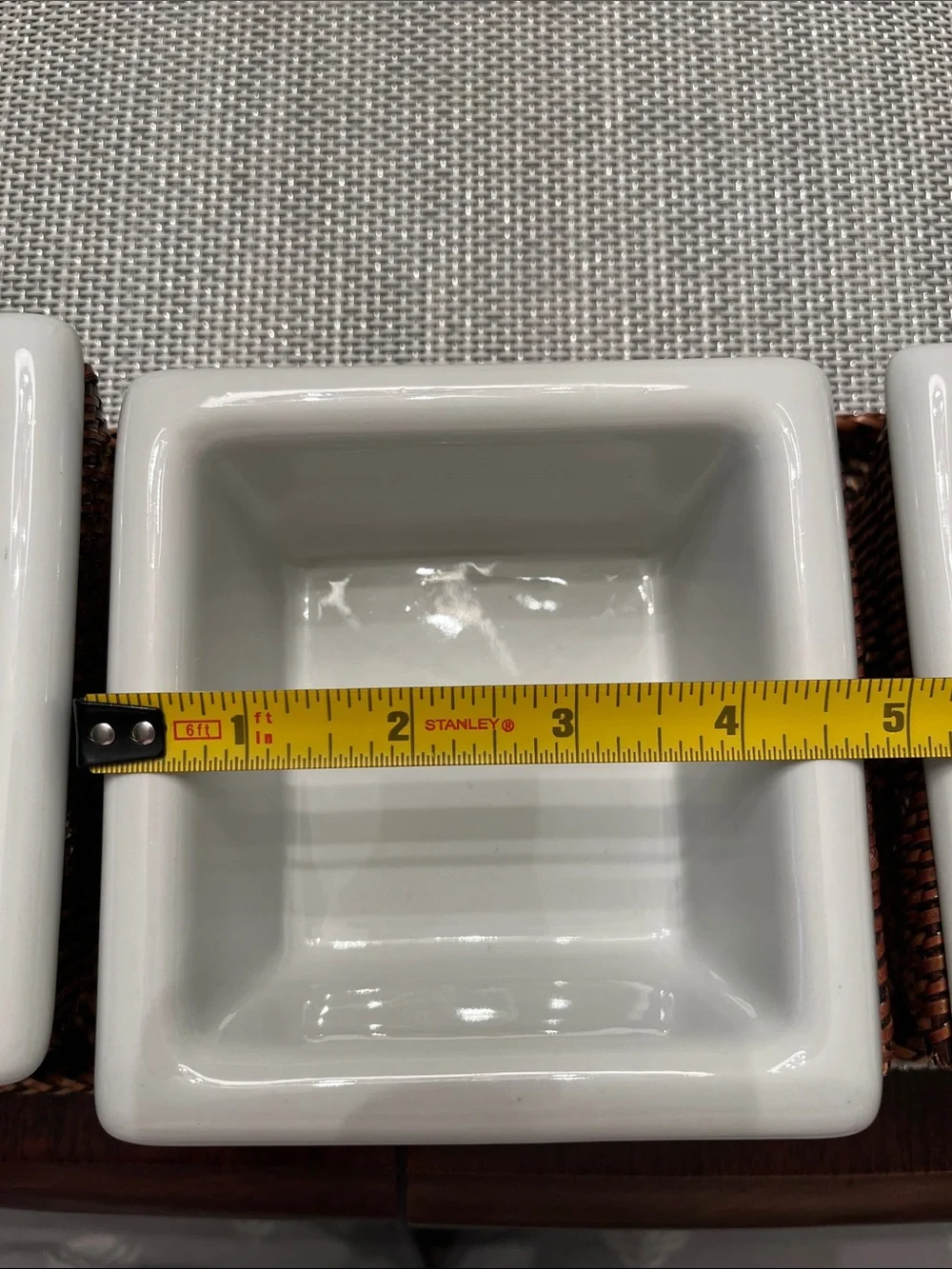 Williams Sonoma White Ceramic Triple Server with Woven Tray
